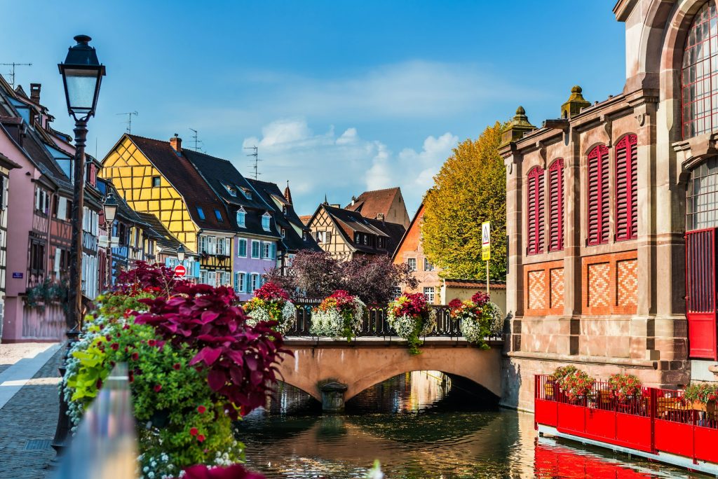 Colorful traditional french houses and shops in Colmar, Alsace,