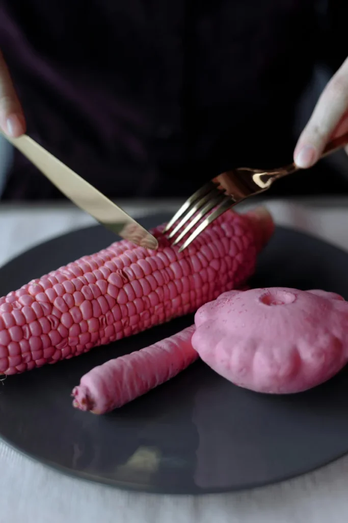 A surreal close-up of pink corn with cutlery on a black plate creating an artistic food scene.
