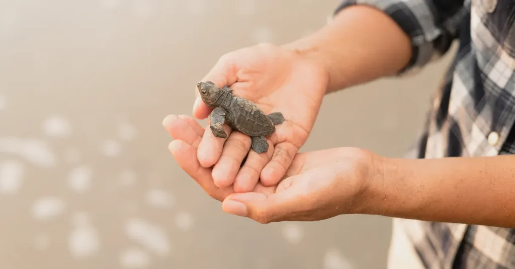 Relâcher des bébés tortues à Bali en couple : Kuta ou Sanur, le guide concret (sans piège à touristes) A baby sea turtle held gently in hands, showcasing wildlife conservation efforts on a beach.