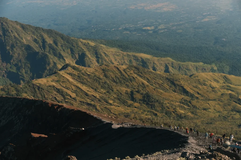 A breathtaking view of a hiking trail on Mount Rinjani, West Nusa Tenggara, Indonesia.