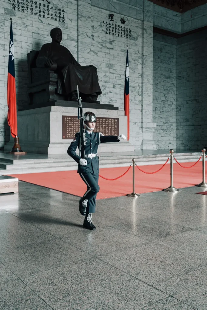 A ceremonial guard in uniform at the Chiang Kai-Shek Memorial Hall in Taipei.