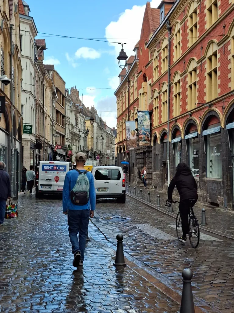 A vibrant urban scene featuring people walking and cycling on a cobblestone street in Lille, France.