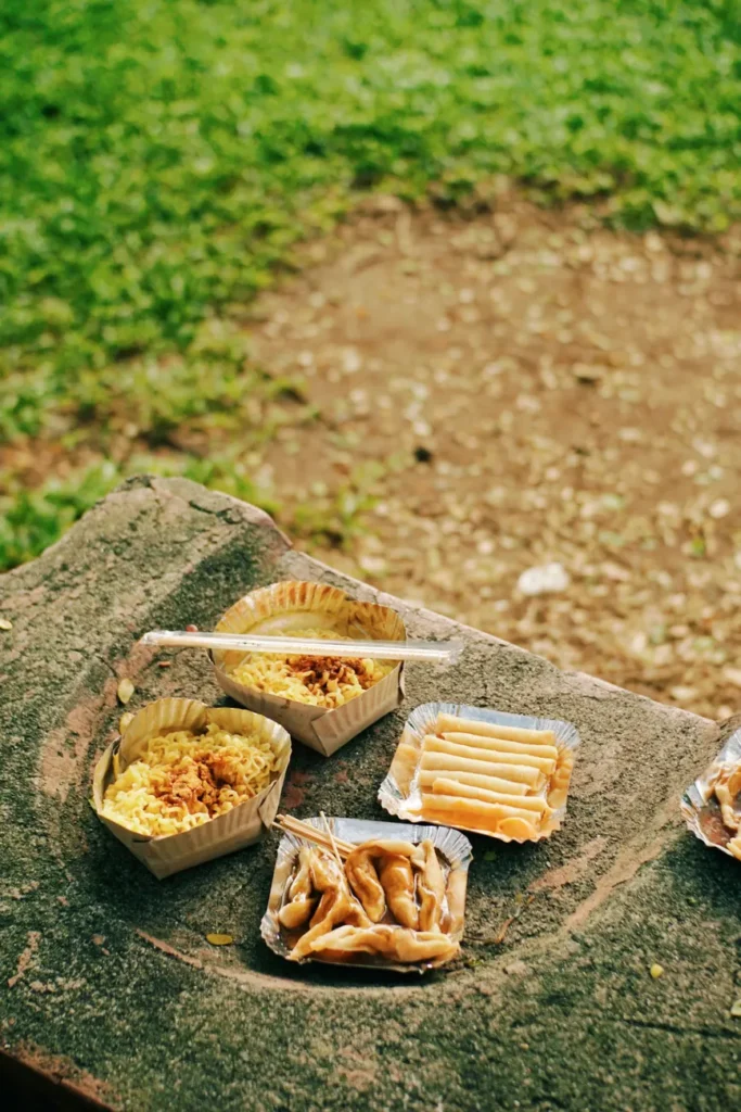 An outdoor picnic with traditional snacks in paper trays on a stone surface.