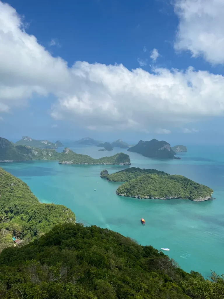 Breathtaking aerial view of Mu Ko Ang Thong National Park's lush islands and turquoise waters.