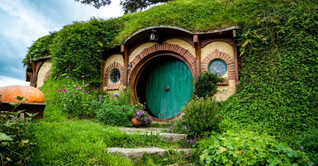 Visiter Hobbiton en couple : le guide concret pour entrer dans Le Shire (sans se cramer) Picturesque Hobbiton house with a lush green roof and round door surrounded by vibrant garden.