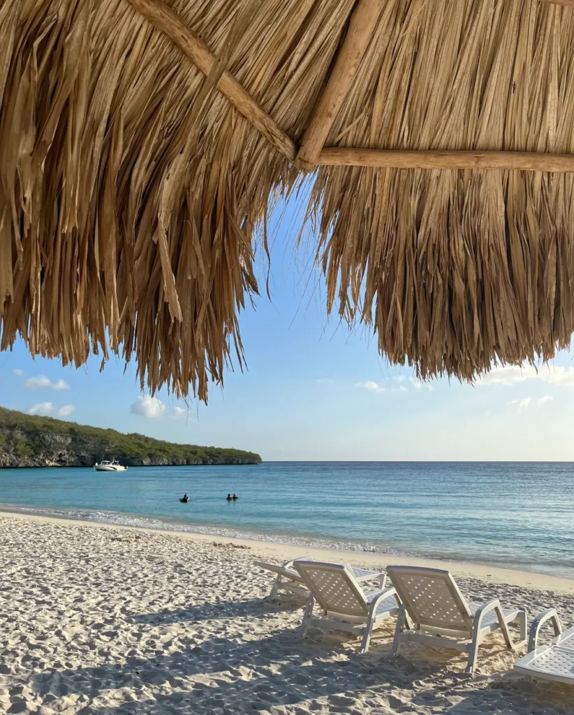 Serene beach with white sand, clear water, and thatched umbrella in a tropical setting.