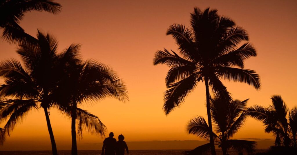 North Shore d’O‘ahu en couple : plages, sunset et bons plans (sans pièges) Silhouette of couple walking by palm trees at sunset in a tropical setting.