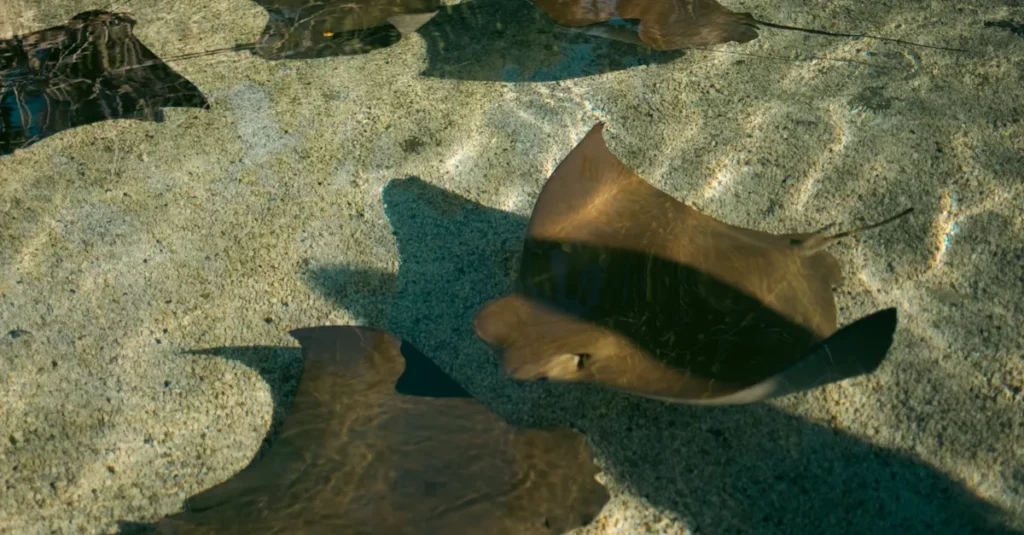 Stingrays gracefully swimming in clear shallow water, showcasing aquatic beauty and nature's elegance.