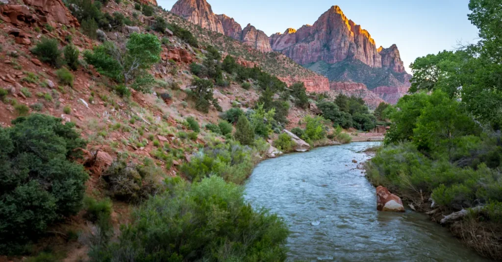 Stunning landscape of Virgin River in Zion National Park at sunset with towering canyon walls.