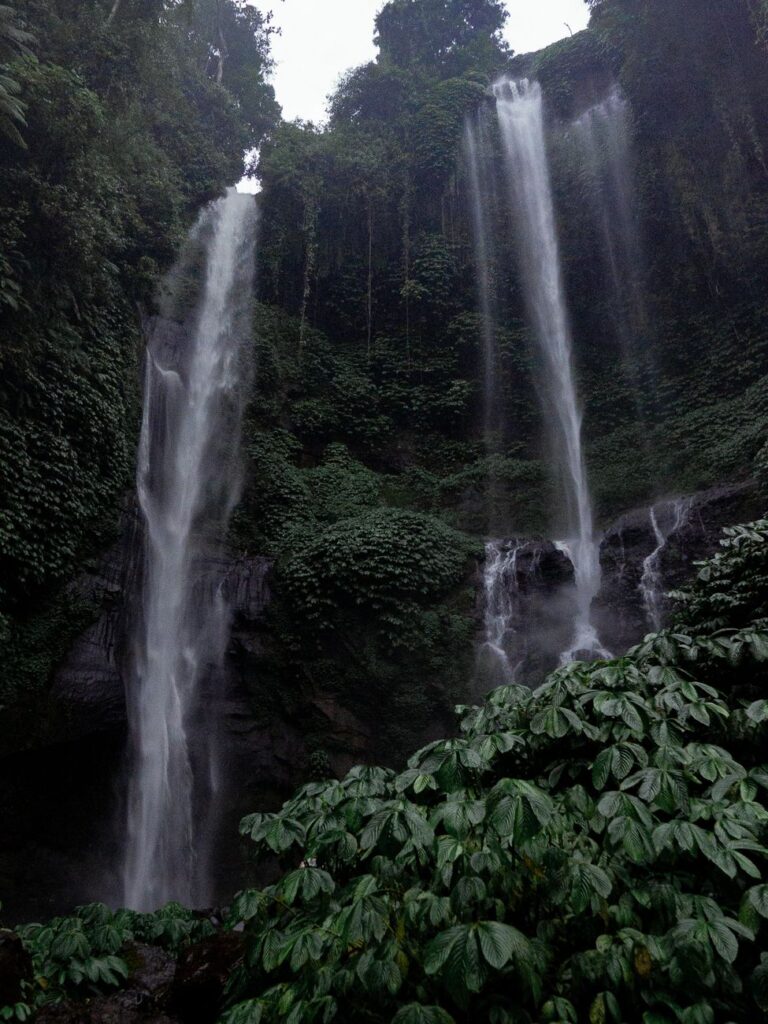 Stunning twin waterfalls cascade in Bali's lush tropical jungle, a serene natural marvel.