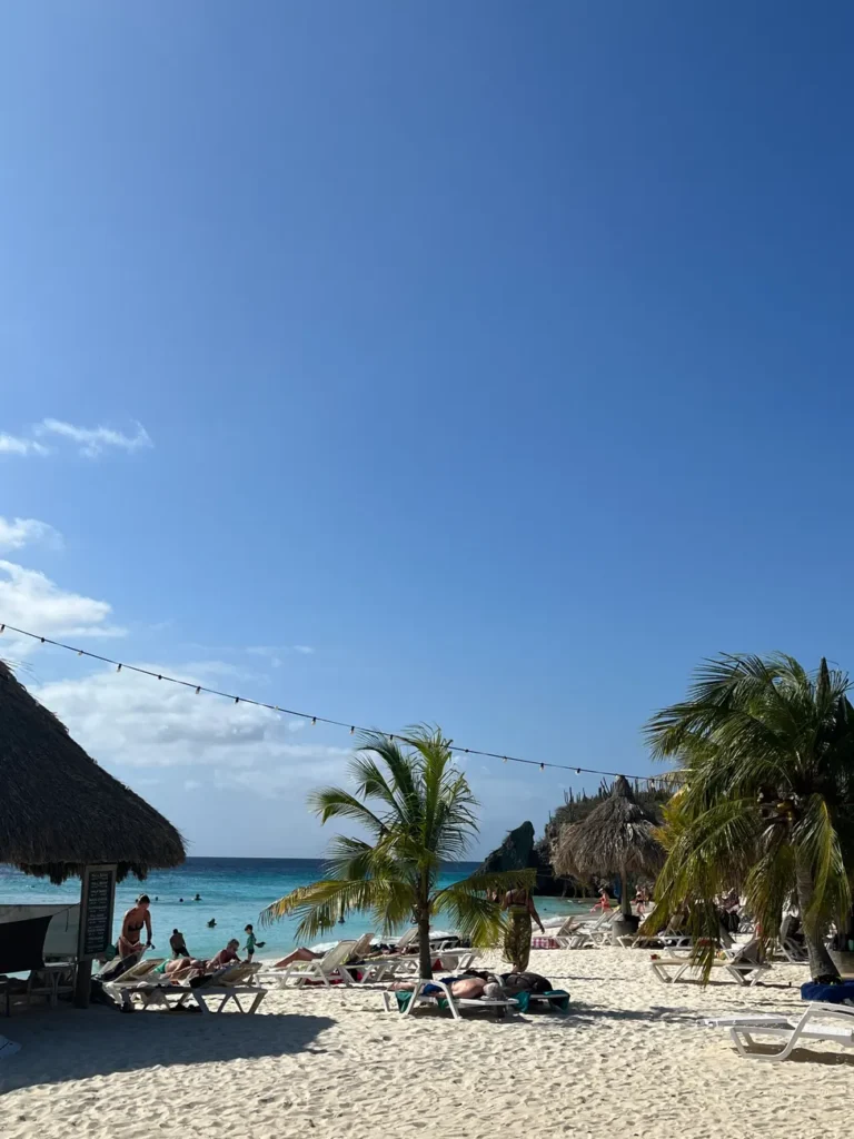 Sunny day at Palm Beach, Oranjestad with people enjoying the beach, palm trees, and blue sea.