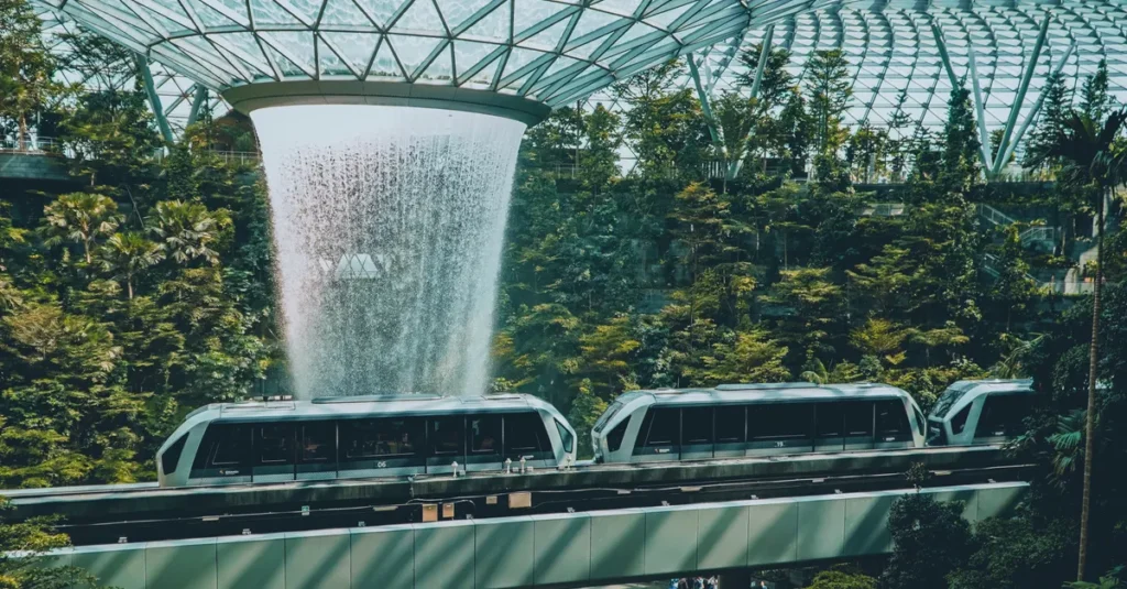 Escale en couple à Singapour (Changi) : le guide concret pour profiter, même avec peu de temps The stunning HSBC Rain Vortex waterfall at Jewel Changi Airport with a passing train and lush greenery.