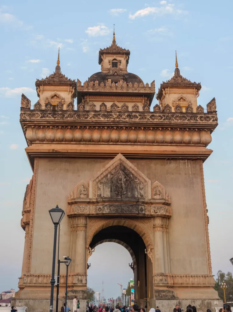 View of Patuxai Monument, an iconic landmark in Vientiane, Laos, standing majestically under a clear sky.