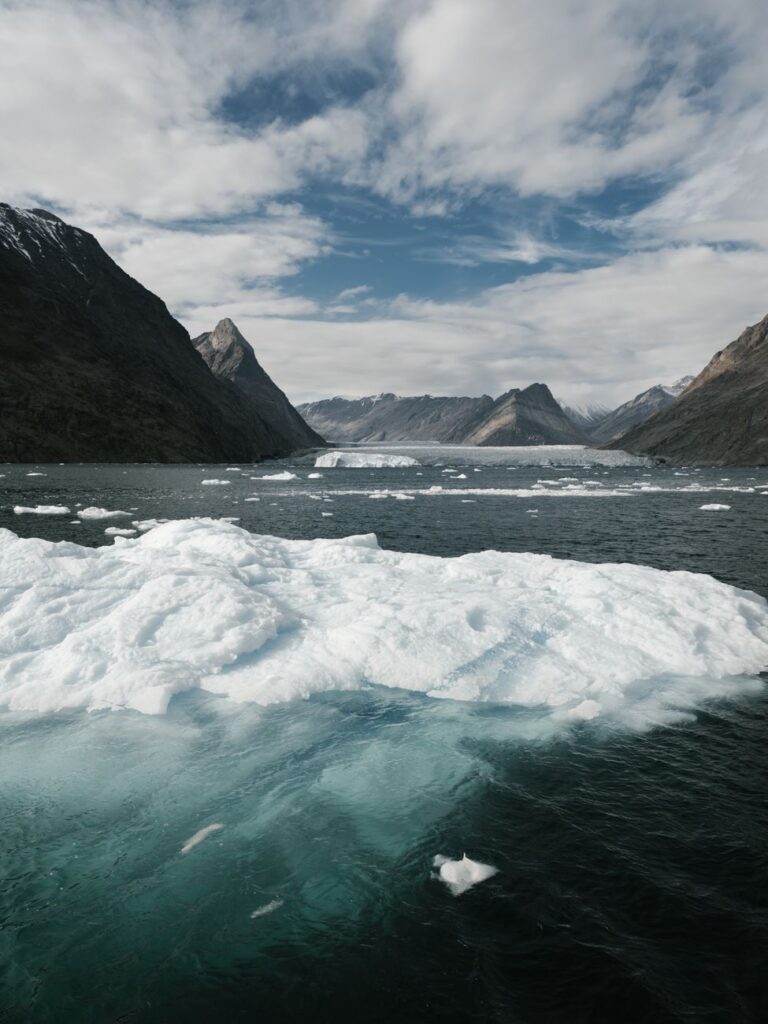 A breathtaking view of icebergs floating in a serene mountain lake under a clear sky.