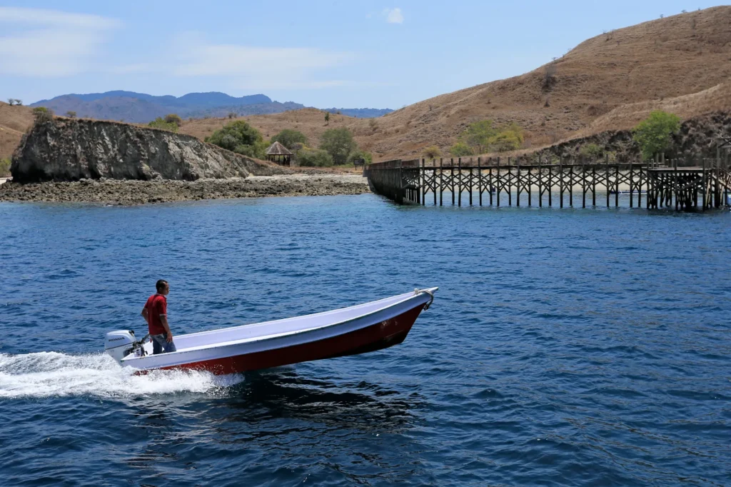 A man rides a speedboat near a rustic wooden dock by a rocky shoreline under a blue sky.