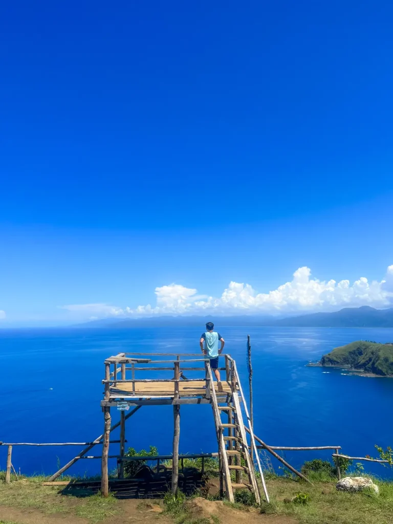 A man stands on a wooden platform overlooking a vast ocean under a clear blue sky.