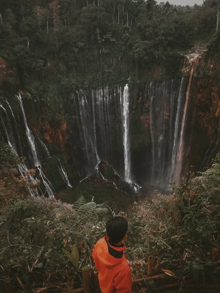 A person viewing the breathtaking Tumpak Sewu Waterfall in East Java, Indonesia.