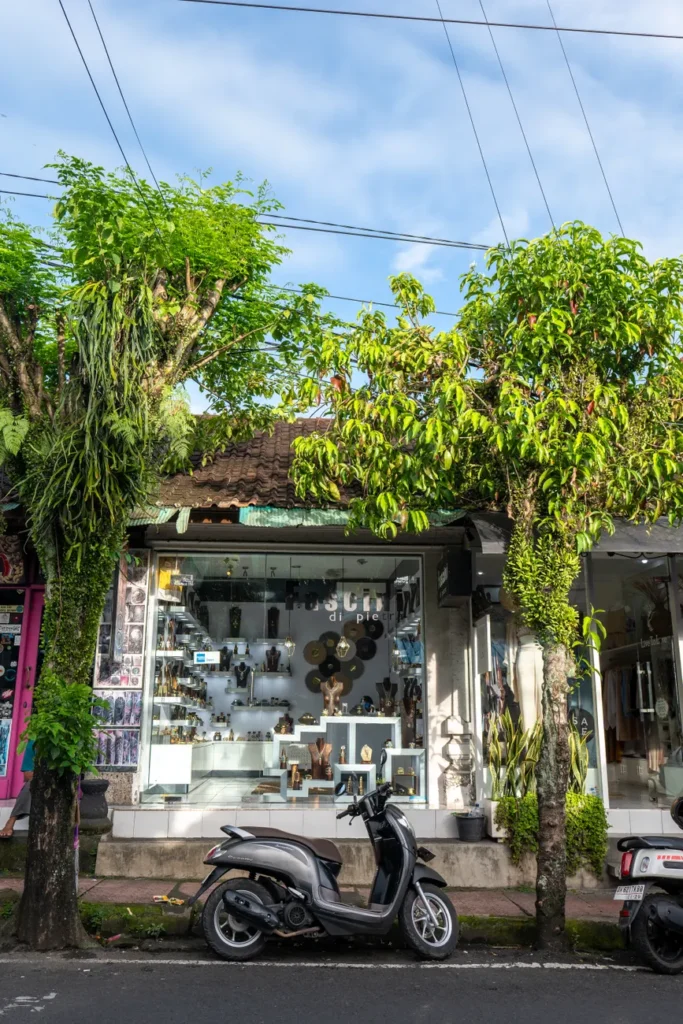 A scenic street in Bali featuring a parked scooter and a quaint storefront adorned with greenery.