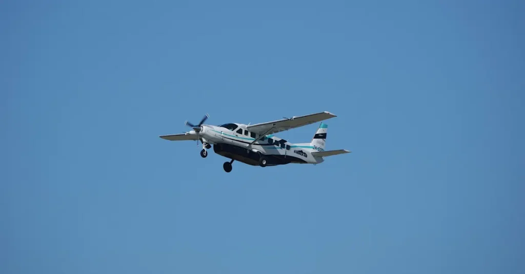Belize à deux : le vol au-dessus du Great Blue Hole, le plan concret (sans vous rater) A small airplane flying in the clear blue sky over New Zealand, showcasing aviation freedom.