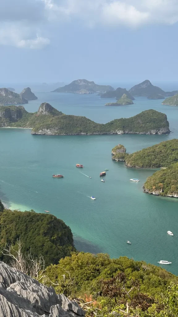 A stunning aerial view of Ang Thong National Marine Park's emerald islands and vibrant blue waters.