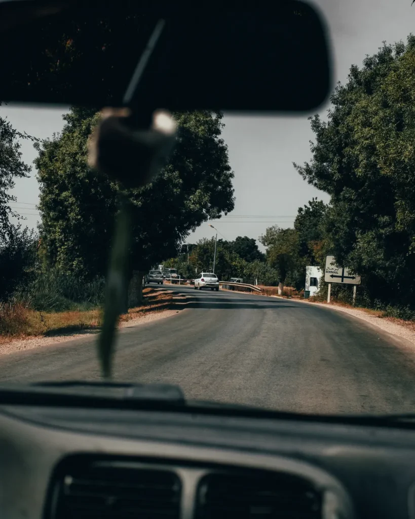 A viewpoint from inside a car driving along a scenic rural road on a sunny day, surrounded by lush trees.