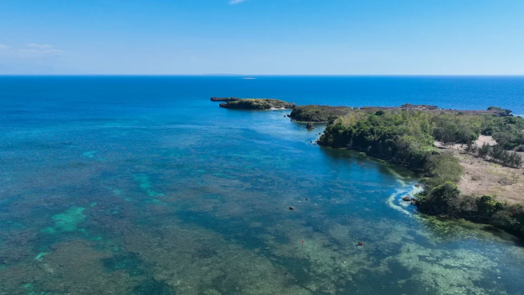 Aerial view of a pristine tropical island coastline with clear turquoise waters and lush greenery.