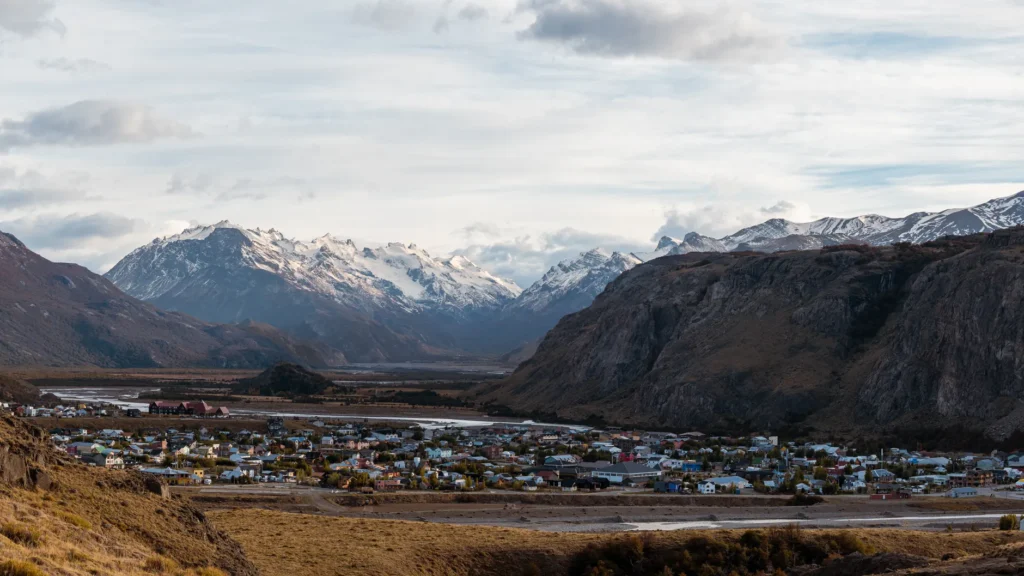 Breathtaking view of El Chaltén village against the backdrop of Patagonian mountains in Argentina.