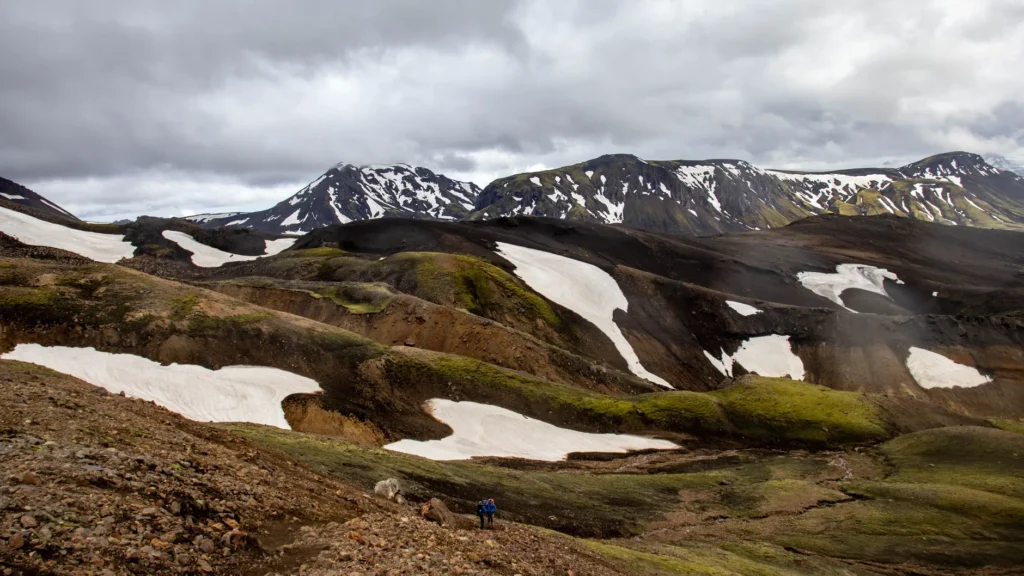 Breathtaking view of snow-capped Landmannalaugar mountains in Iceland.