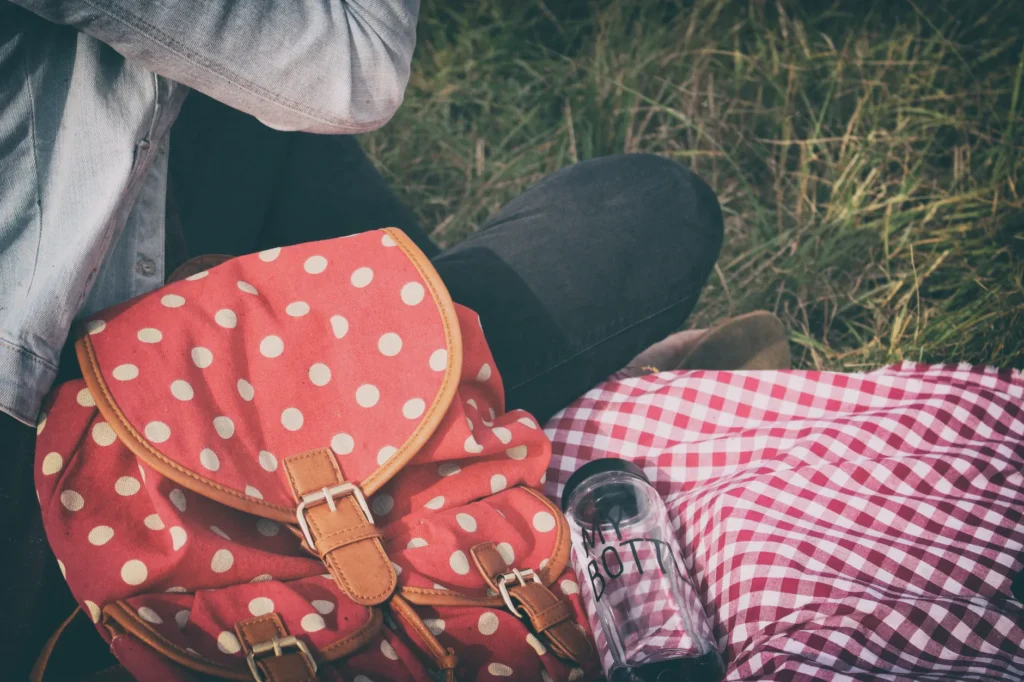 Charming outdoor picnic setup with a red polka dot bag and checkered blanket on the grass.