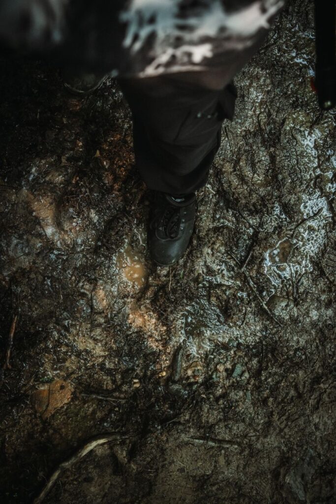 Close-up of a person's boot stepping on a muddy, wet terrain, depicting outdoor exploration.
