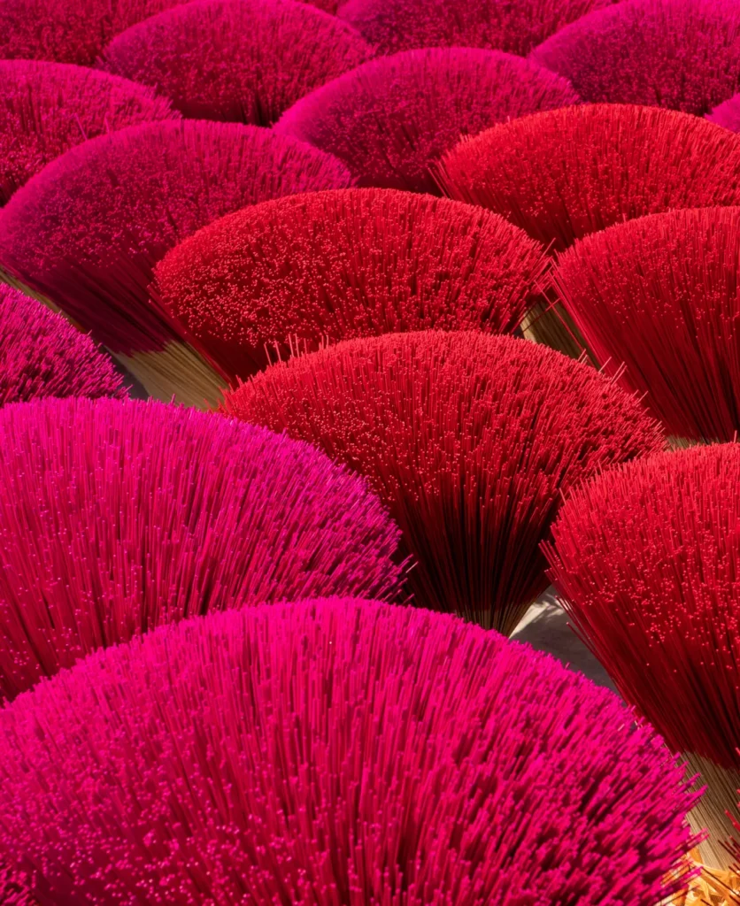 Colorful bundles of incense sticks drying in the sun, showcasing vibrant pink hues.