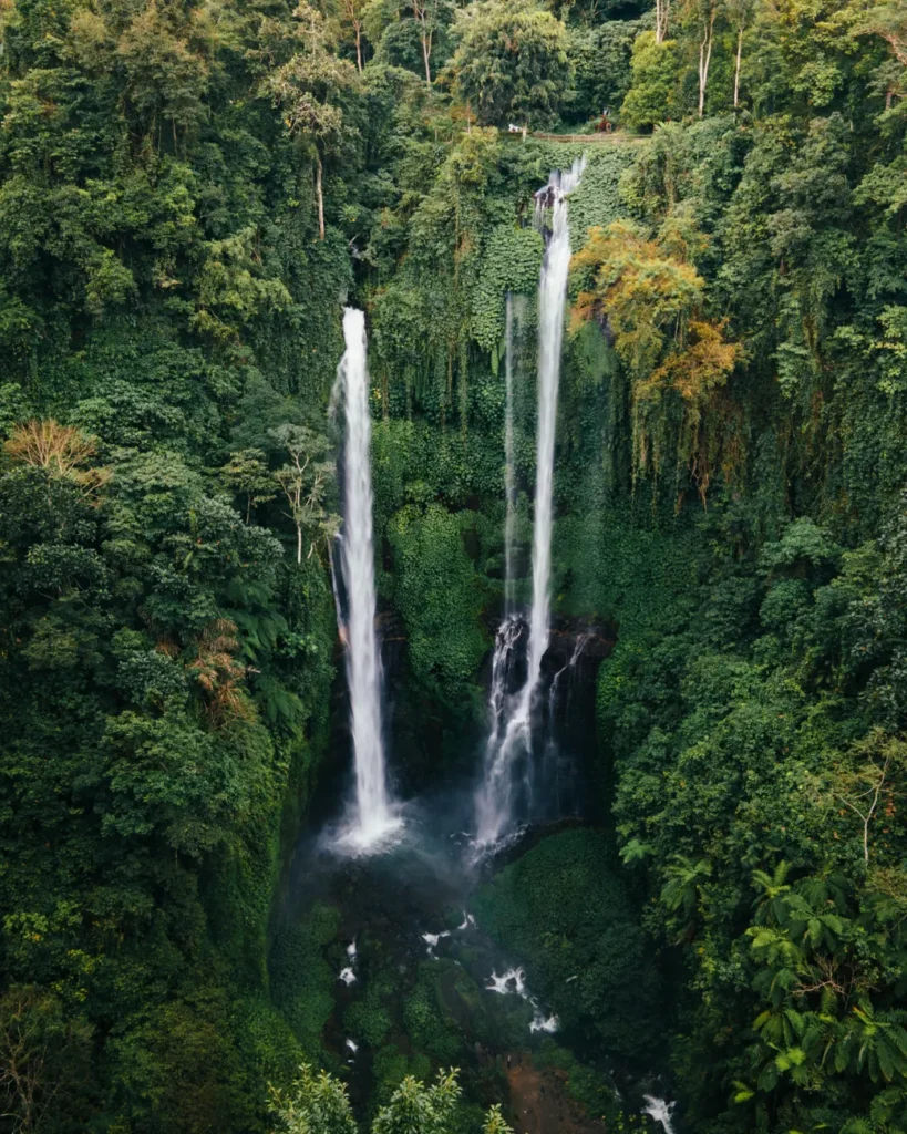 Discover the breathtaking beauty of Sekumpul Waterfall surrounded by lush jungle in Bali, Indonesia.