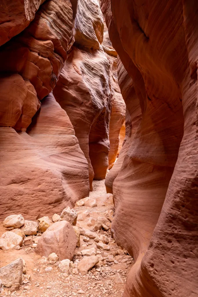 Explore the stunning textures of a narrow slot canyon in Kanab, Utah, with eroded sandstone walls.