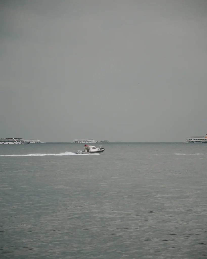 Motorboat speeding across a calm sea under an overcast sky, with distant cruise ships visible.