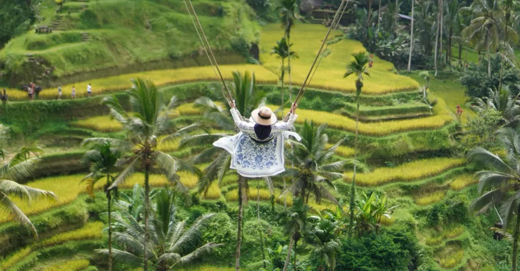 Ubud à deux en 3 jours : itinéraire concret (sacré, rizières & cascades) Person swings above lush green rice terraces in Ubud, Bali, creating a captivating scene.
