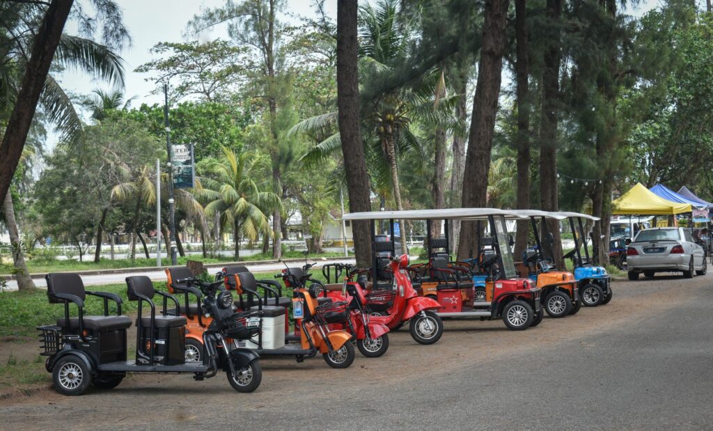 Row of colorful electric scooters and golf carts parked under trees in a park.