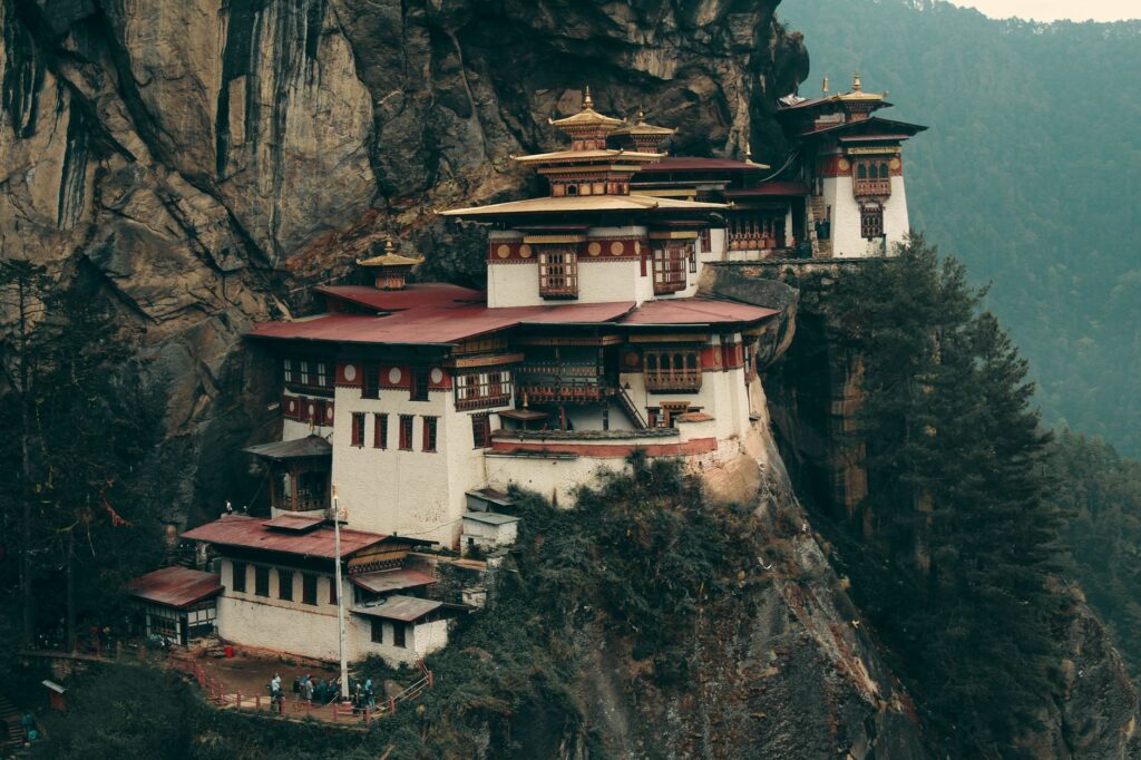 Scenic view of the iconic Tigers Nest Monastery perched on a cliff in Paro, Bhutan.