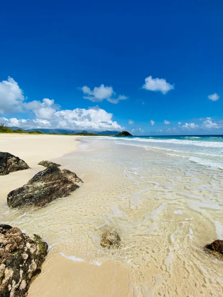 Serene beach scene in Kailua, Hawaii with clear skies and calm waters.