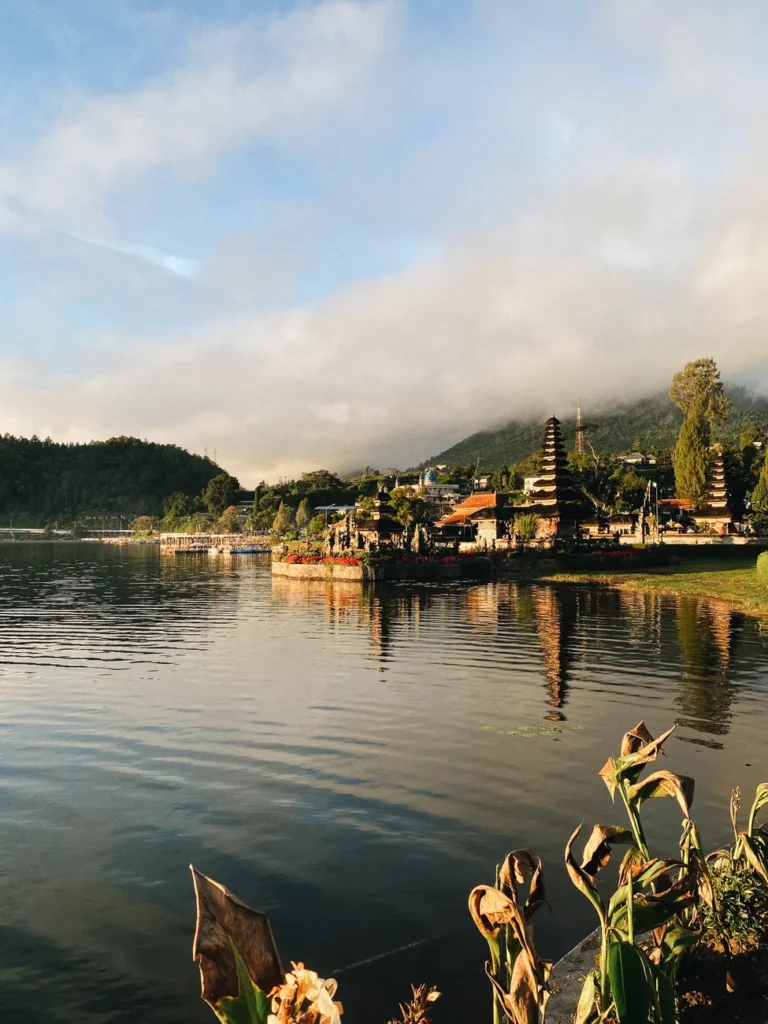 Serene morning view of Pura Ulun Danu Bratan temple on Lake Bratan, Bali.