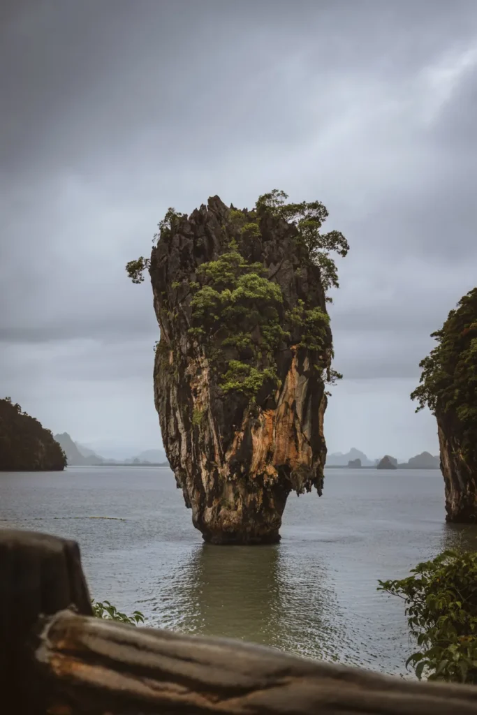 Striking limestone formation at James Bond Island, a famous landmark in Phang Nga Bay, Thailand.