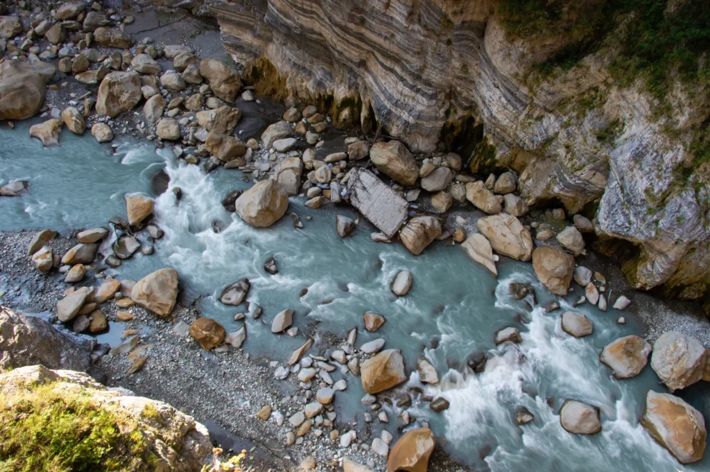 Stunning aerial view of rocky river flow in Xiulin Township, Taroko Gorge, Taiwan.