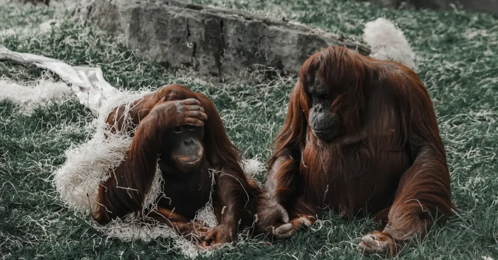 Bali Zoo en couple : la journée qui fait des photos… et un vrai moment à deux Two orangutans resting together on a grassy area, showcasing their natural behavior and habitat.