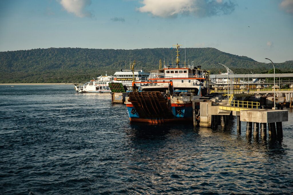View of ferries docked at Bali harbor with scenic mountain backdrop.