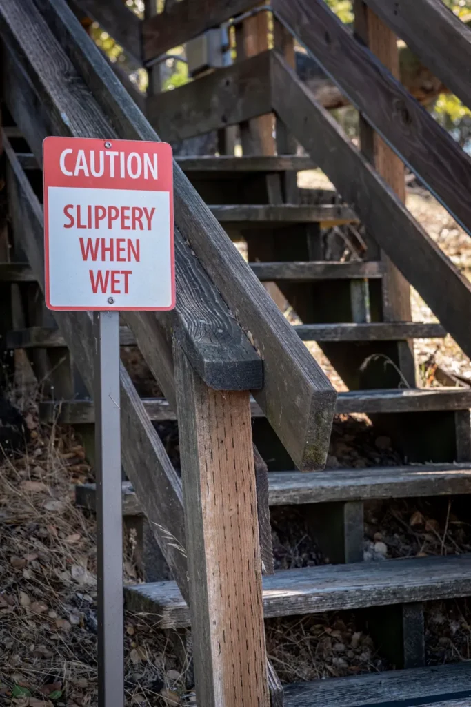 Warning sign on wooden stairs cautioning 'Slippery When Wet.'